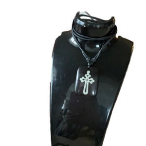 Mens Double Strand Leather Chain with Black and White Cross Pendant
